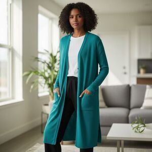 J. Jill Green Ribbed Duster Cardigan Sweater cotton Silk Blend Medium